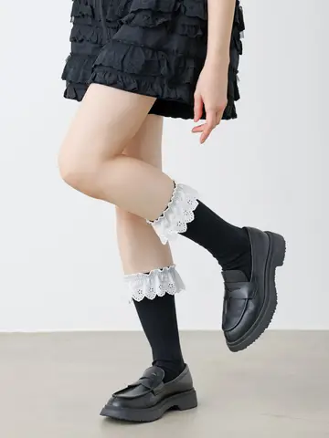 コットンレースリブミディ丈ソックス