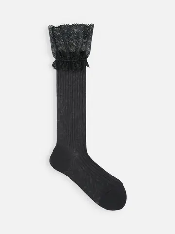 【Epyuk】レース付薄手リブハイソックス