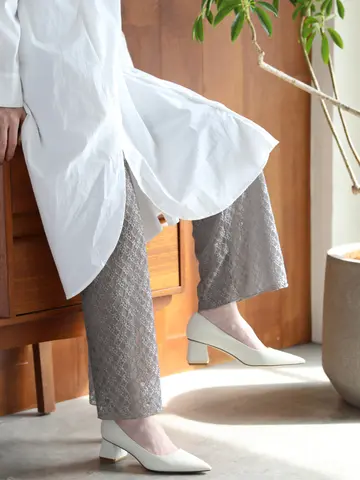 縫製シャイニーラッセルレース切替レギンス11分丈