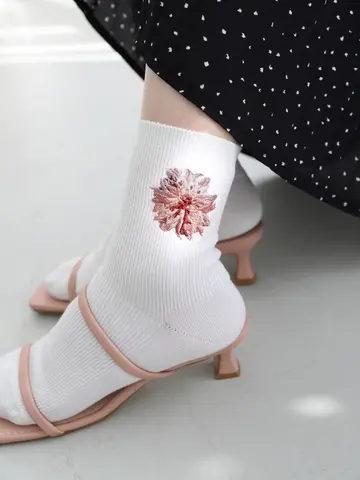 刺繍ダリア1×1リブショートソックス
