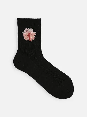 刺繍ダリア1×1リブショートソックス