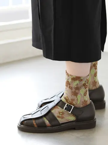 綿麻クレープにじみフラワーフロートショートソックス