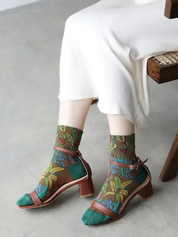 綿麻クレープ熱帯植物フロートショートソックス