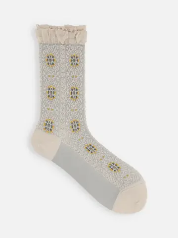 毛混フロートアンティーク調花柄ストライプソックス