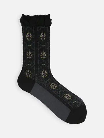 毛混フロートアンティーク調花柄ストライプソックス