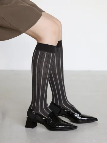 毛混スパイラルストライプハイソックス