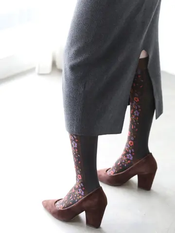 毛混フロント花柄フロートハイソックス