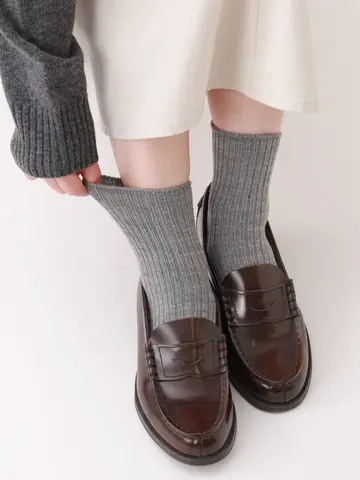 【3足1,386円】毛混ゴム口ゆったり無地2×1リブショートソックス