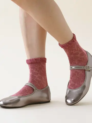 【3足1,386円】毛混 フリル総花柄レースショートソックス