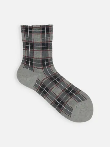 毛混チェック柄ショートソックス