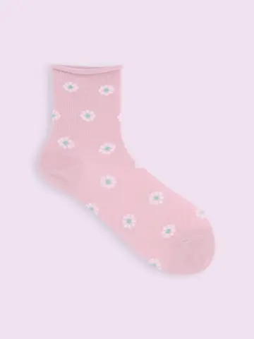 【靴下屋fam】ゴム口ゆったりくるくるワッフル花柄ショートソックス