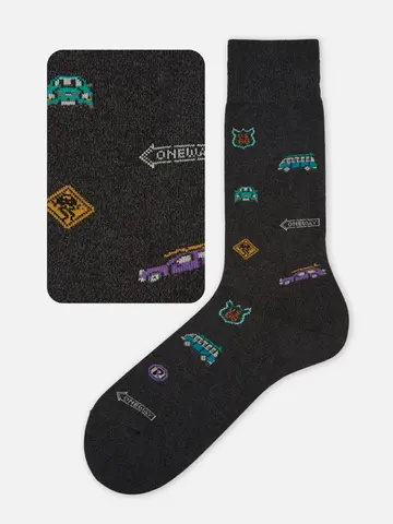 メンズ車総柄レギュラー丈ソックス