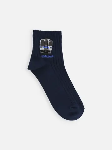 岡山限定 キッズ 列車刺繍コットンリブショートソックス
