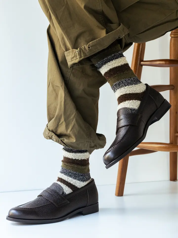 Tabio MEN】ウールネップ異素材ボーダーレギュラー丈ソックス