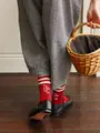 ラインロゴ刺繍ショートソックス アカ×キナリライン