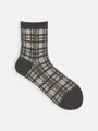 ふわふわチェックJQショートソックス チャコールモク