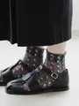 シアーストライプフラワー柄ショートソックス インディゴブルー