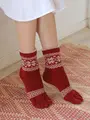 毛混ゴムなし雪柄フェアアイル五本指ソックス アカ
