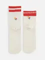 折り返しもできる2本ラインフラワー刺繍ソックス アイボリーモク+レッド
