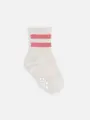 【キッズ】表糸コットン100％で毛玉が出来にくい：ラインソックス(滑り止め付)13～15cm ライトグレージュ+クスミピンク