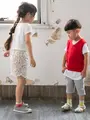キッズ ボーダーショート丈ソックス16～18cm ライトグレージュモク+レッド