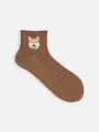 ジュニアサイズ わんにゃん刺繍ショートソックス / 22-24cm ブラウン＋シバイヌ