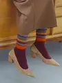 ジャカードボーダー起毛ソックス ダークレッド