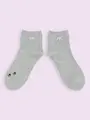 【3足1,386円】にゃんこ刺繍ショートソックス グレーモク＋シロネコ