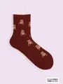 【3足1,386円】毛混タムくま柄ショートソックス エンジ