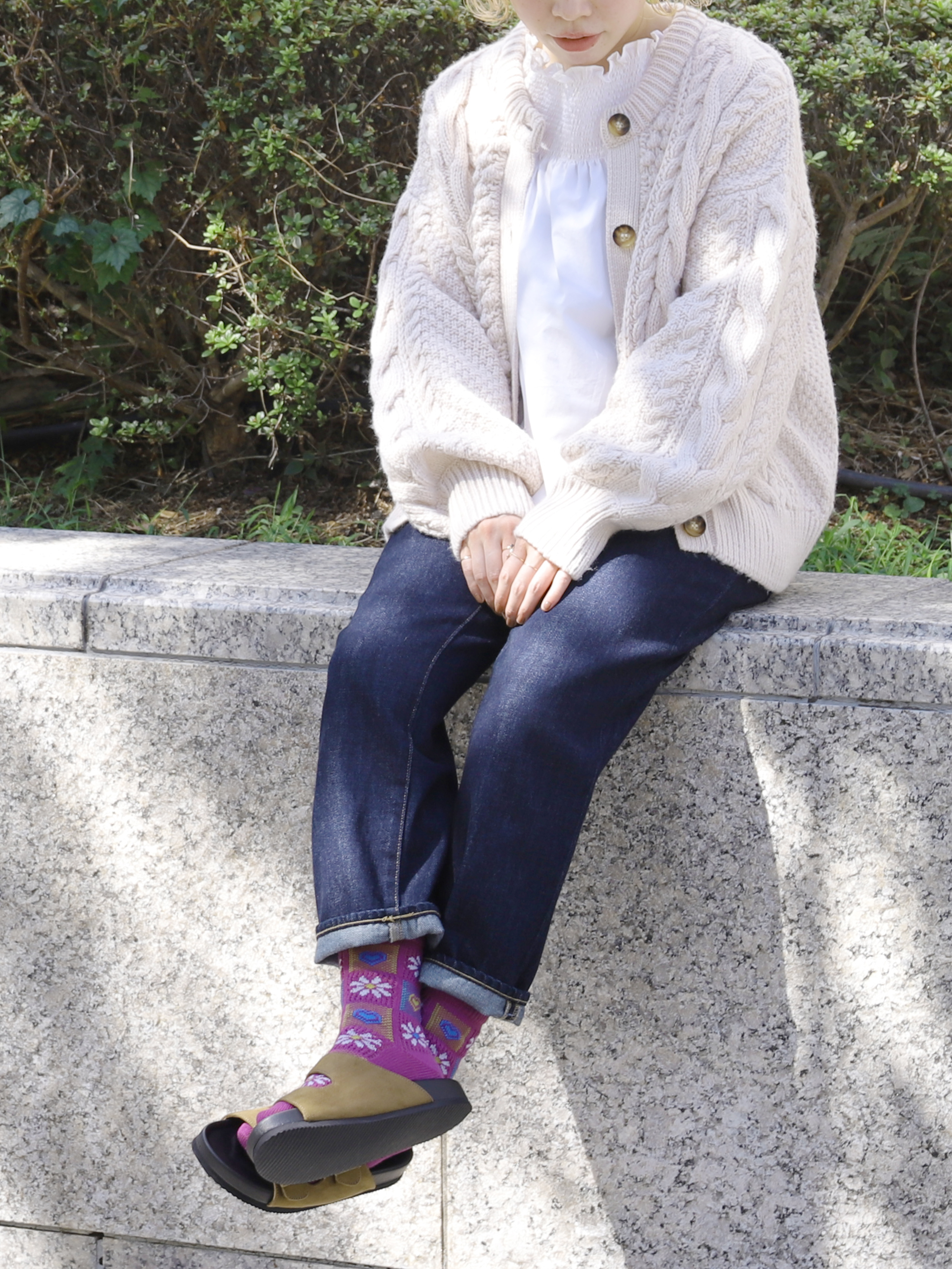 手編み靴下（９）黄×ベージュ ファッション/小物 その他 ファッション 
